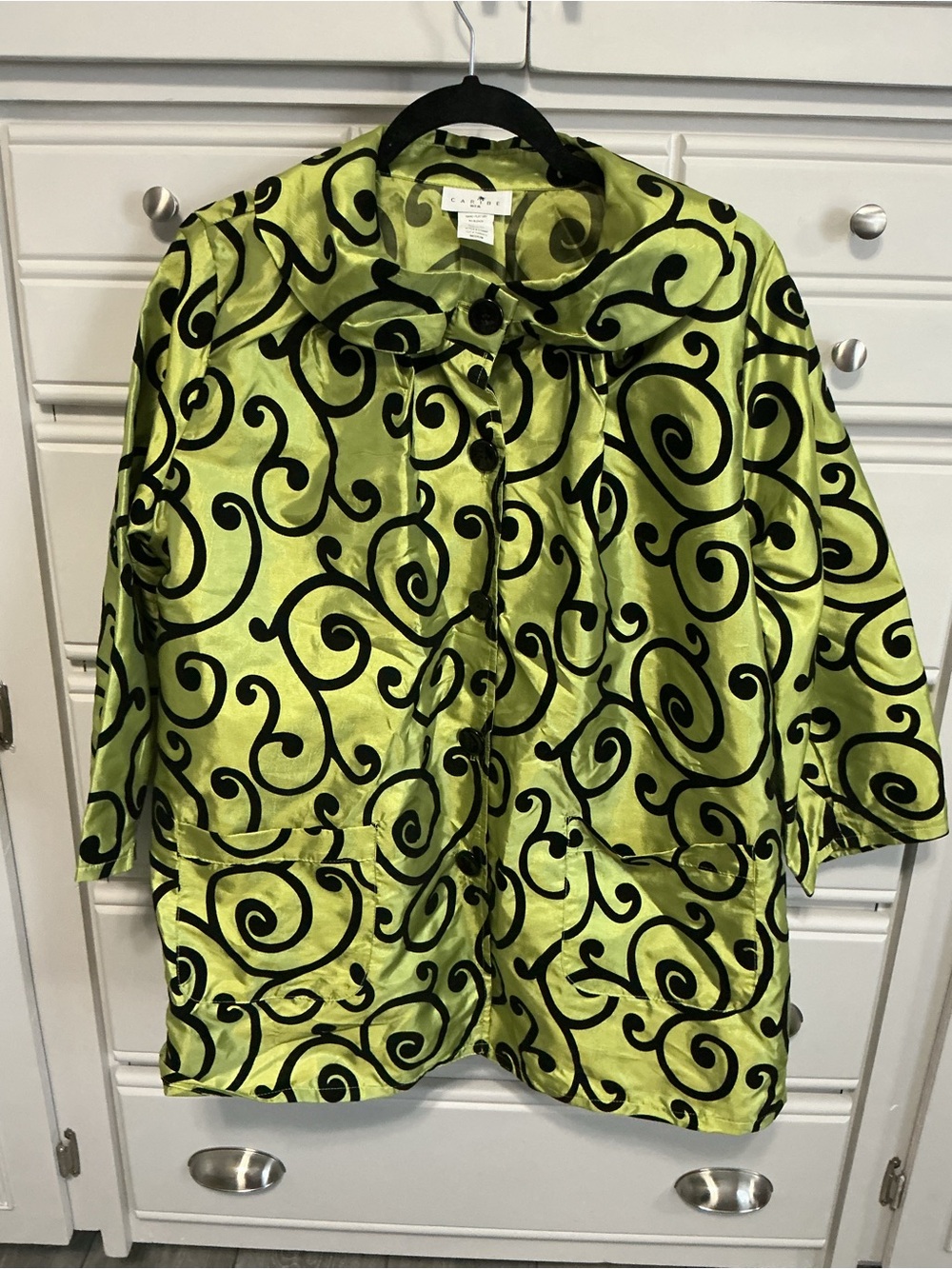 Vintage CARIBE USA Green Faux Silk Flocked Black Swirl Button Up Jacket M